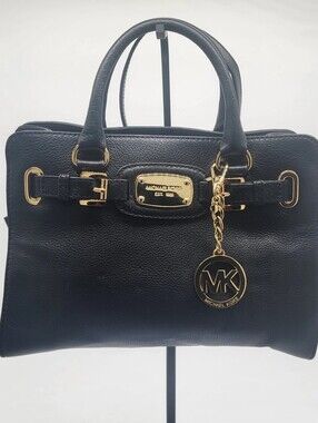 Michael Kors Hamilton Satchel Black Pebbled Leather Gold Hardware